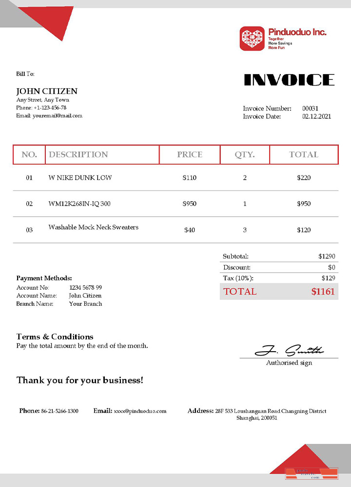 USA Pinduoduo invoice PSD template